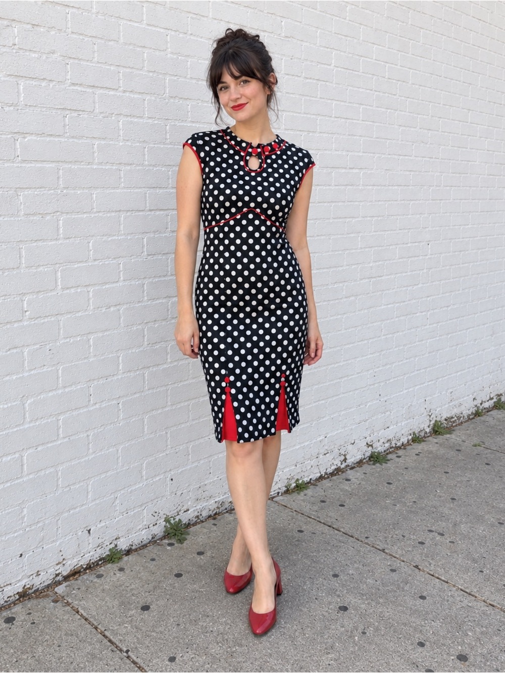 Polka Dot Sheath Dress with Red Trim